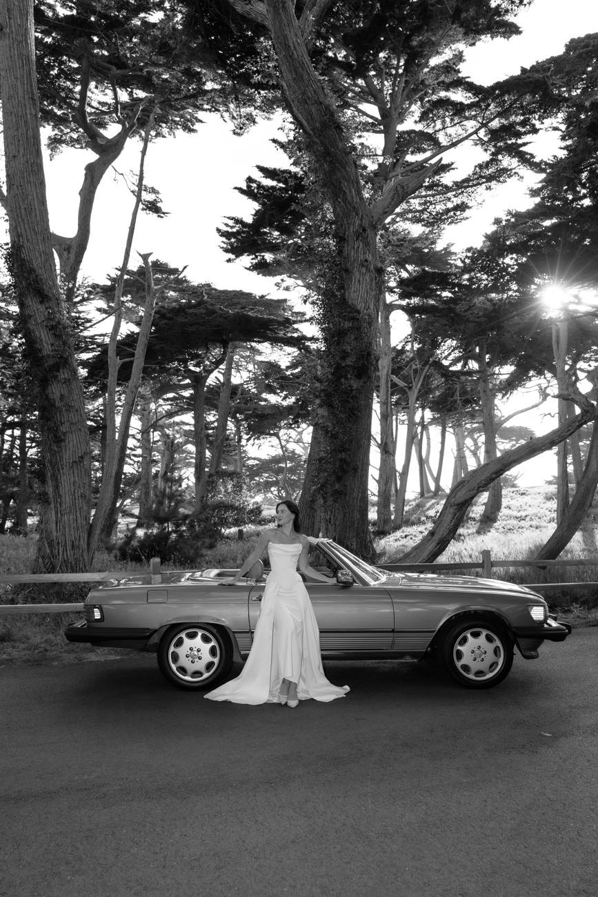 The Mercedes driving through a cypress-lined road, just married